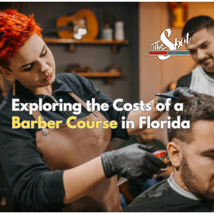Young beautiful female barber with short red hair learning to cut hair in. She is in education training in a barber shop. A young handsome male barber observes her work.